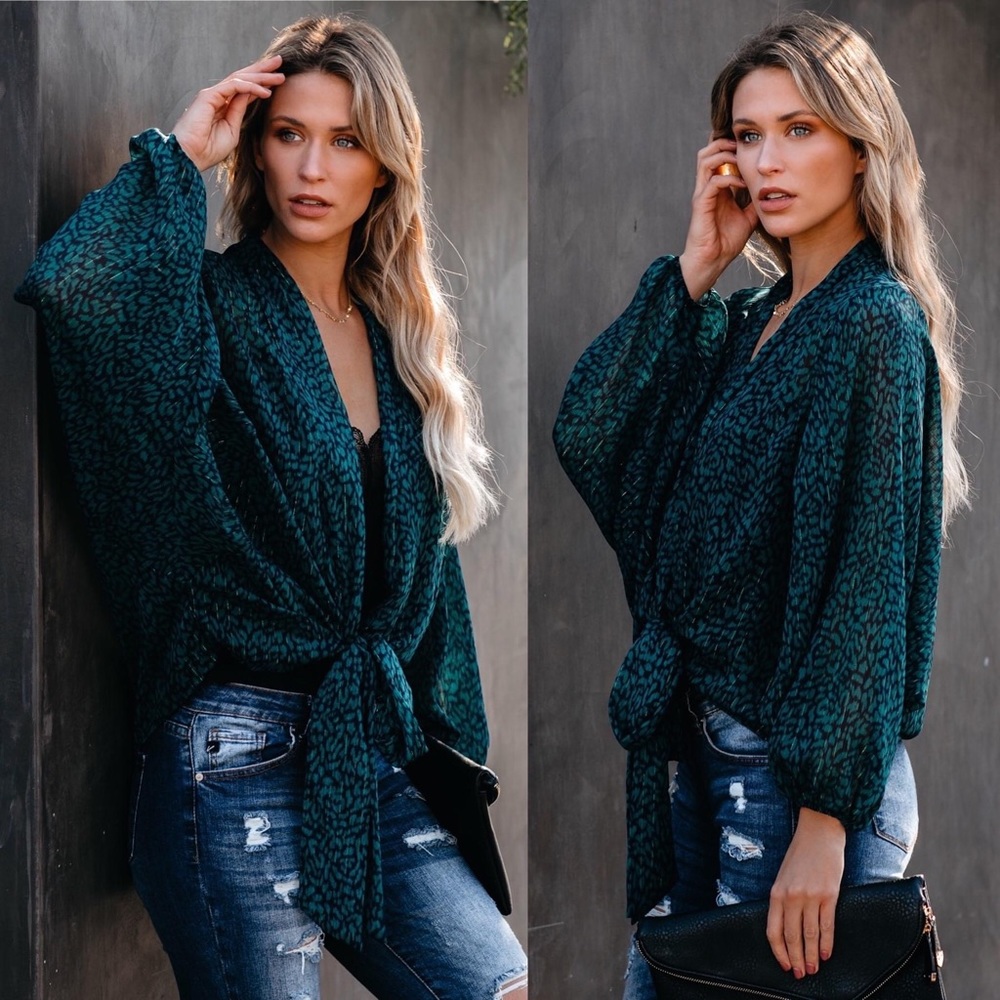 VICI Collection Braidon Printed Shimmer Tie Top - Teal